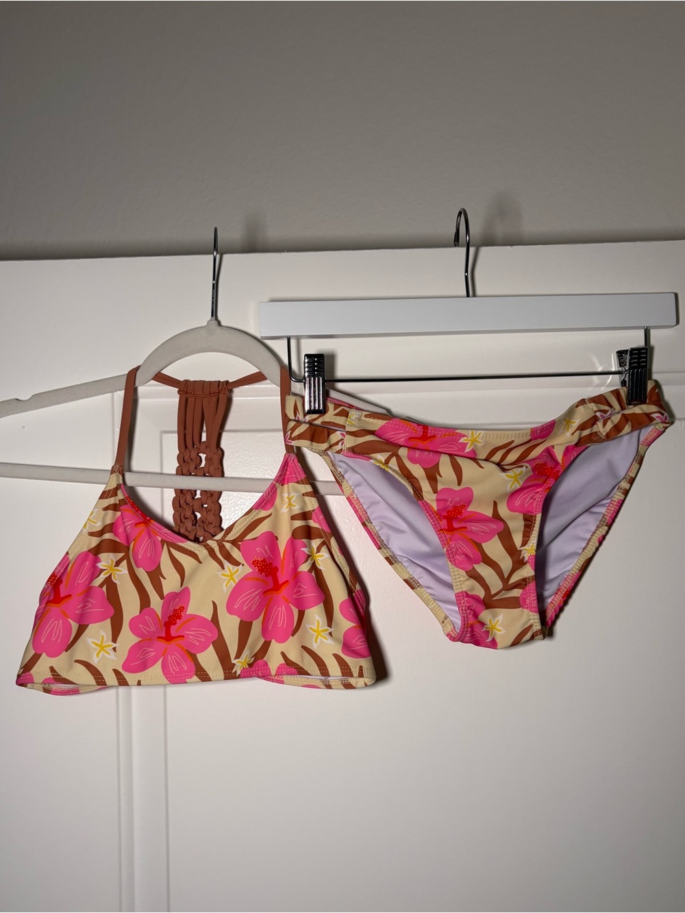 Summer Girly Floral Bikini Set Pink Brown Tropical Two Piece Swim